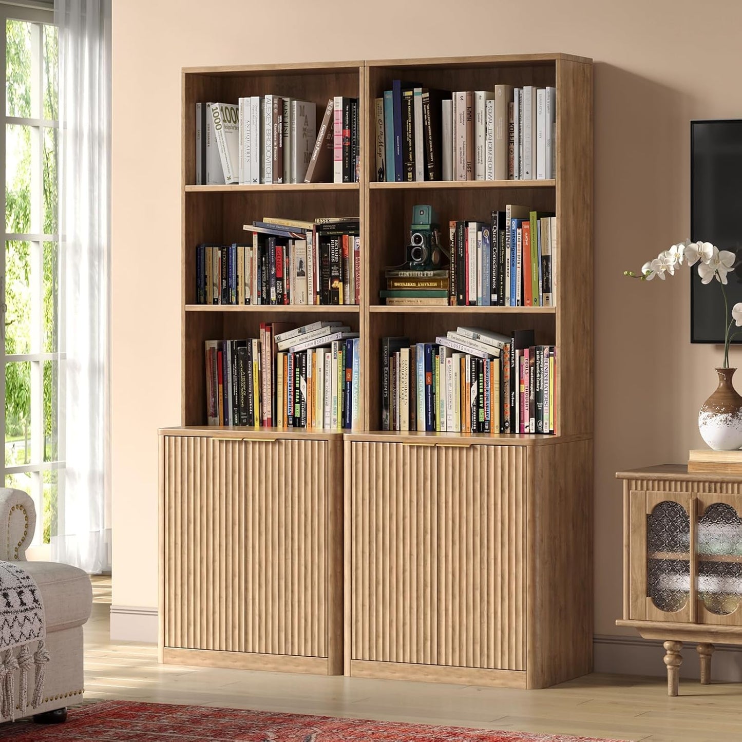 71" Oak Bookcase with Doors, 5-Tier Fluted Tall Bookshelf with Storage, Librero with Cabinet for Home Office, Living Room,or Bedroom