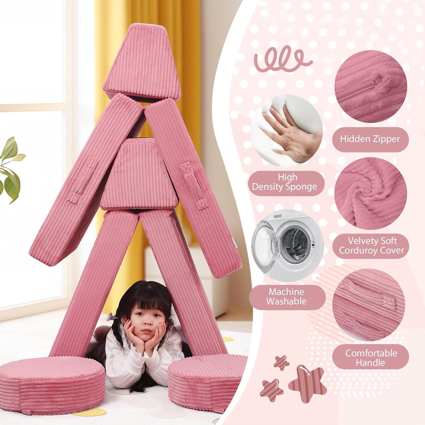 MeMoreCool Kids Couch for Playroom, Corduroy Convertible Toddler Couch, 8 Piece Modular Play Sofa, Foam Fort Building Set for Child Room Furniture, Pink