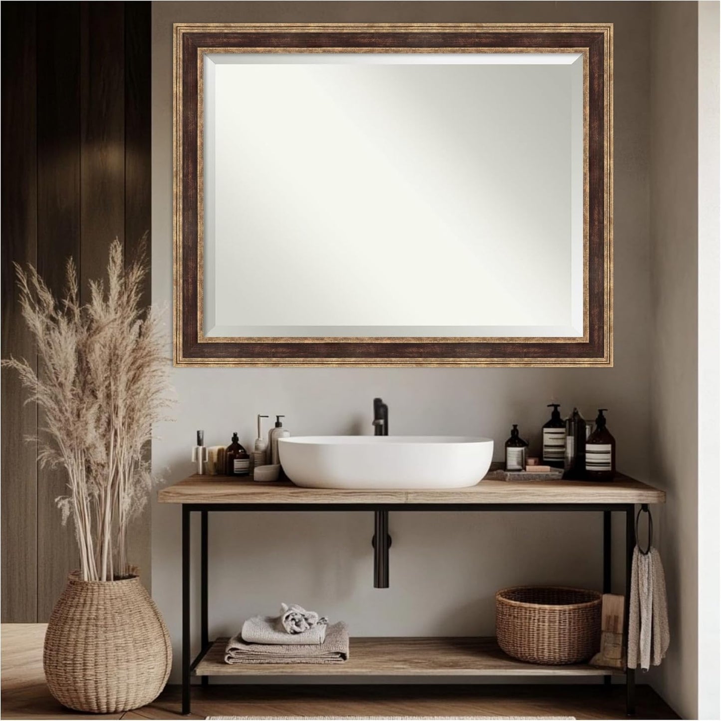Amanti Art Bronze Bathroom Mirror for Over Sink, 36x46 Ridge Light Bronze Rectangle Vanity Mirror, X-Large Traditional Frame, Hangs Horizonally and Vertically, Bathroom Wall Decor, Beveled Edge
