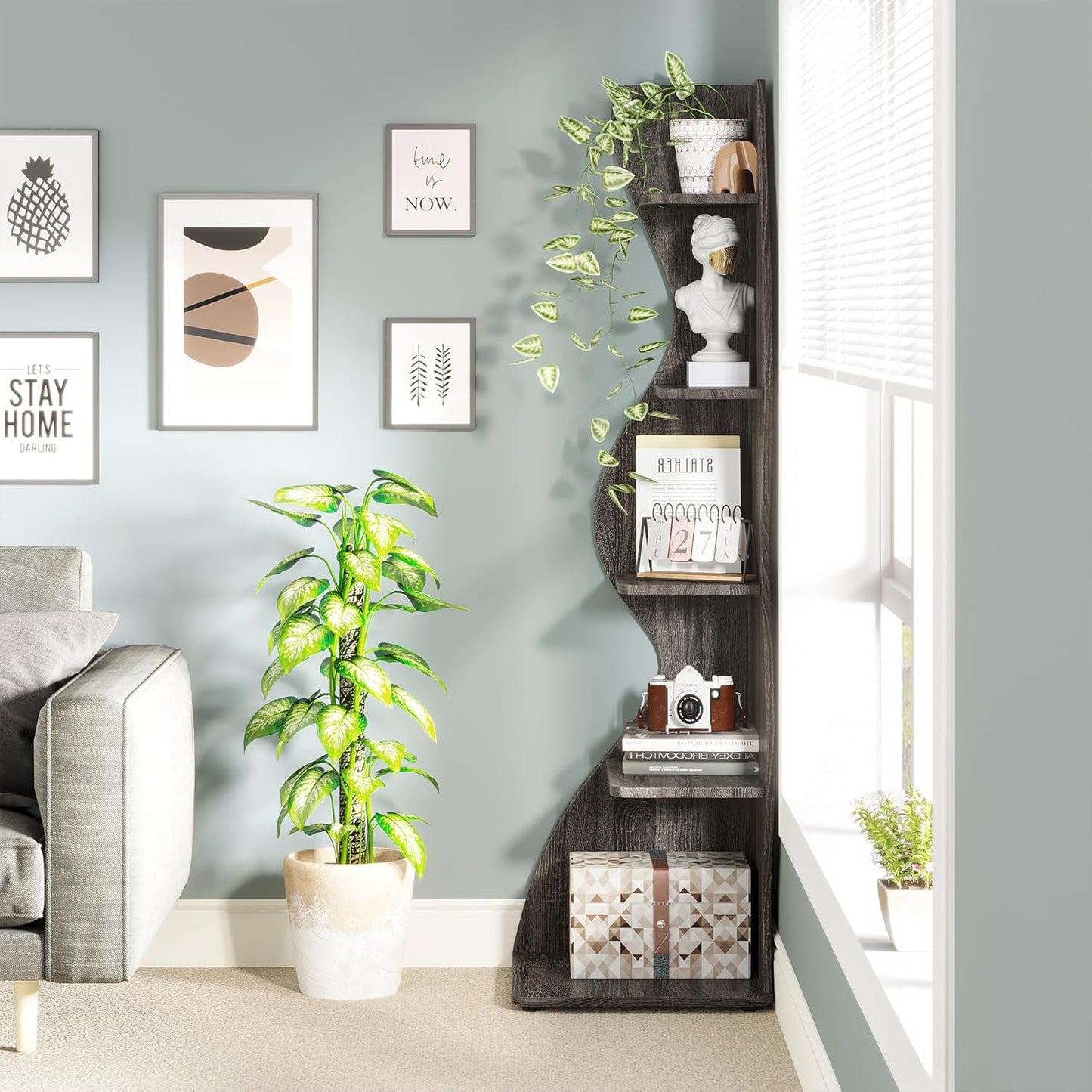 Tribesigns Corner Shelf, Modern 5-Tier Wall Corner Bookshelf, Stylish Corner Small Bookcase Storage Rack Plant Stand with Unique Shape for Living Room, Home Office