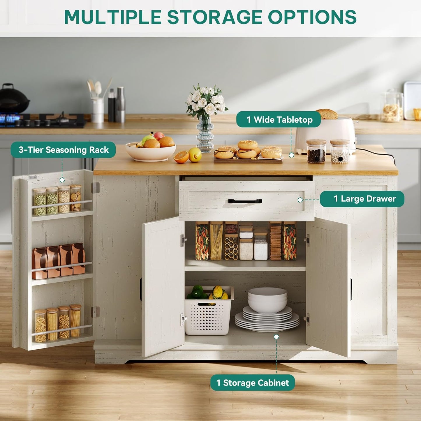 YITAHOME 50" Kitchen Island with Power Outlet & Drop Leaf, Rolling Island Cart with Trash Can Cabinet, Mobile Storage Islands with Microwave Rack, Door Storage Spice Rack, Retro White