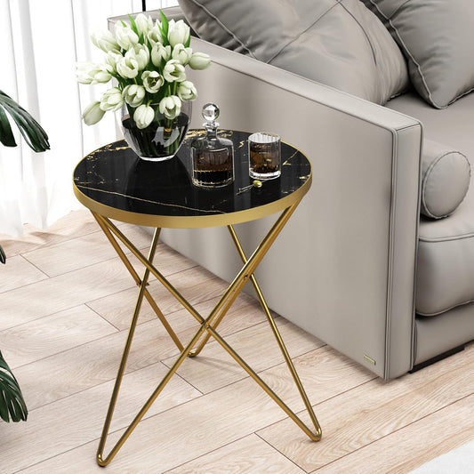 HLR Modern Round Side Table, End Table with Marble Effect Top and Gold Metal Frame, Small Side Table for Living Room, Bedroom, Sofa and Couch, Gold Legs, Black Marble top