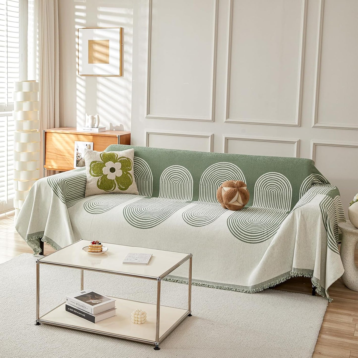 STACYPIK Green Geometric Couch Cover Boho Sofa Cover for Sectional Non-Silp Sofa Covers for Dogs Reversible Beige Couch Cover Loveseat Cover L Shaped Furniture Protector for 3 Cushion Couch-71X150IN