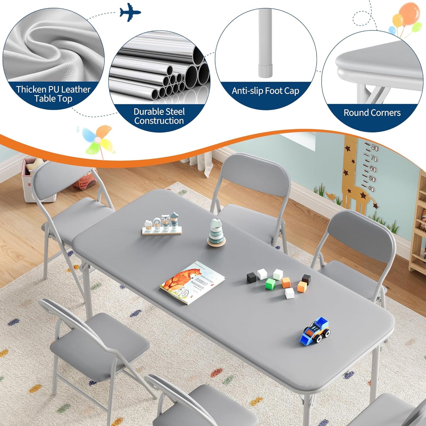 IDEALHOUSE 7 Piece Folding Kids Table and Chairs Set, Children Activity Table and Chairs Set for Dining Room,Daycare,Classrooms