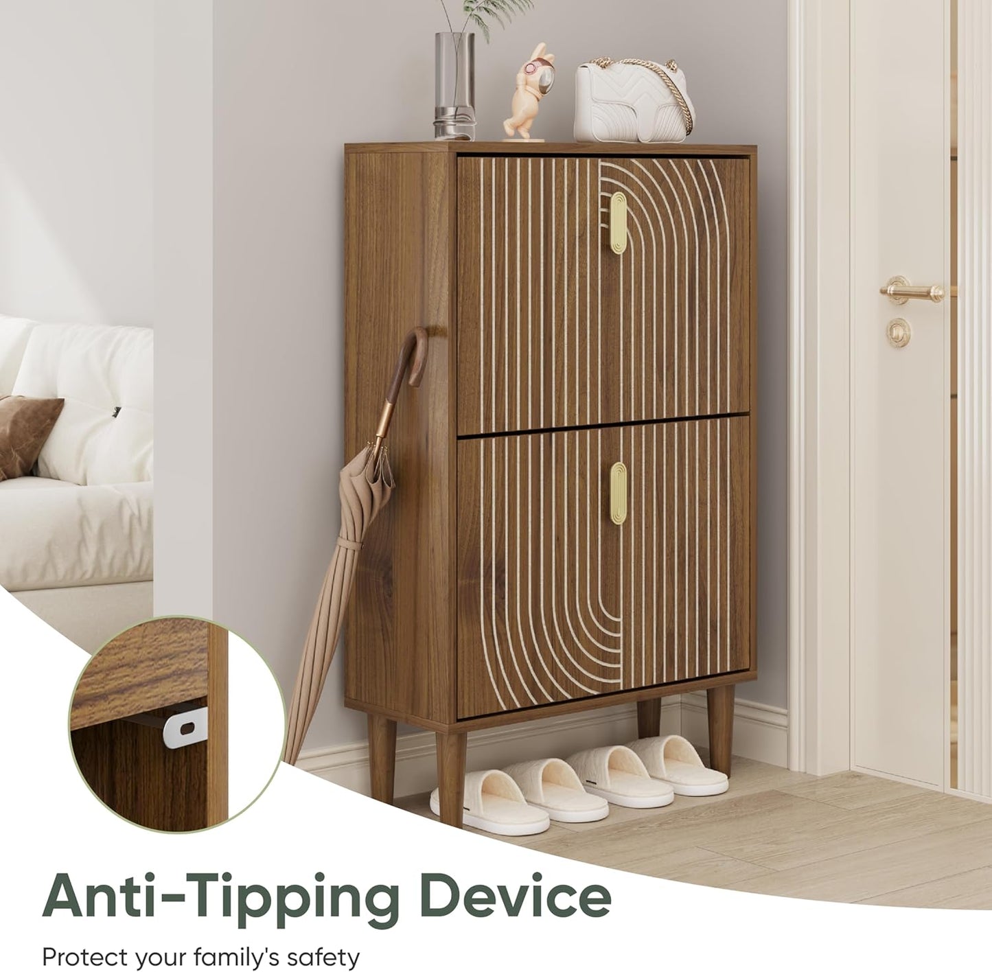 Smuxee Shoe Cabinet with 2 Flip Drawers, 23.6" Walnut Hidden Shoe Storage Cabinet with Line Groove Design, Freestanding Shoe Organizer Cabinet for Entryway, Hallway, Living Room