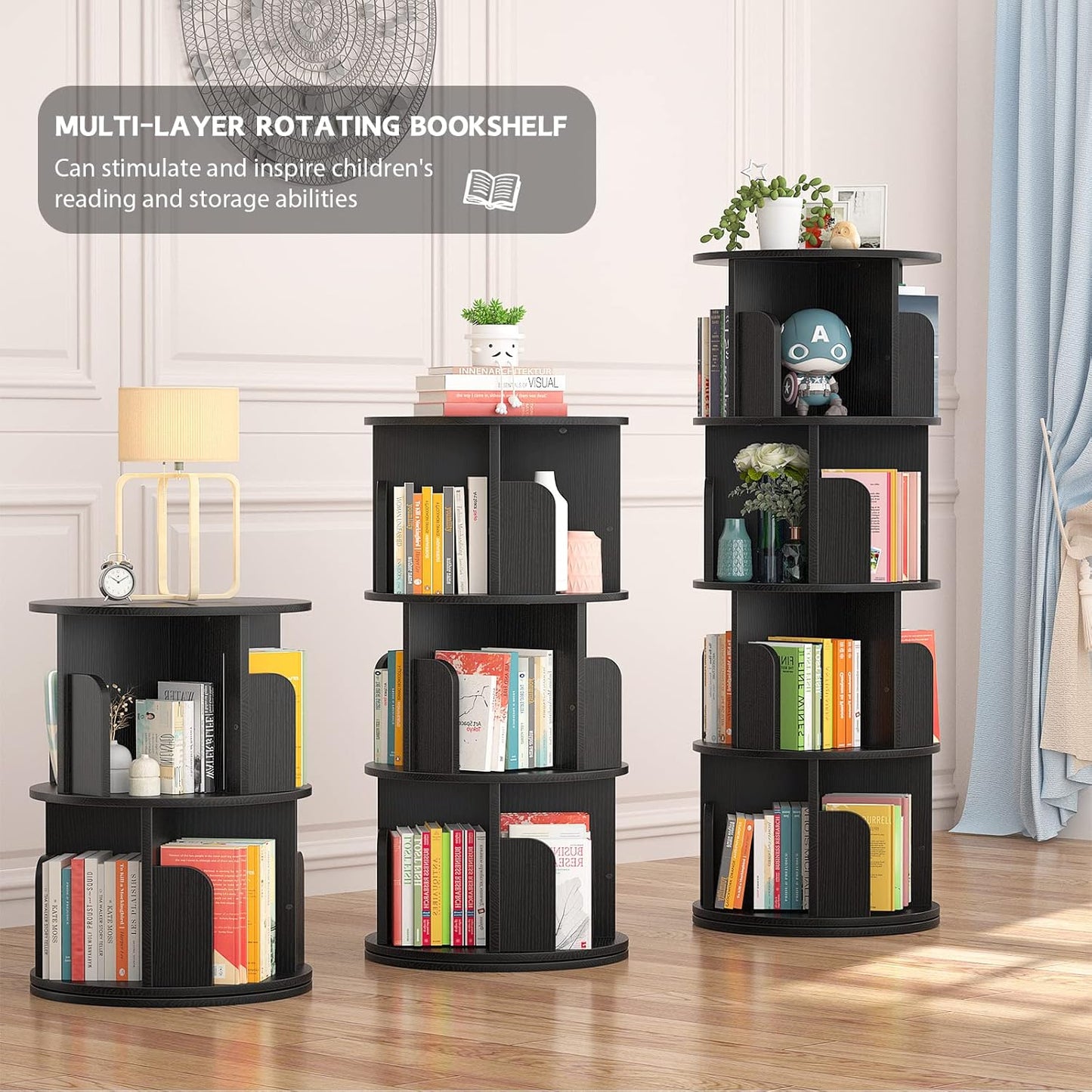 Aheaplus Rotating Bookshelf, 360 Revolving Bookshelf Tower for Small Space, 4 Tier Floor Standing Bookcase Storage Rack, Wood Narrow Book Shelf Organizer for Bedroom, Living Room, Study Room, Black
