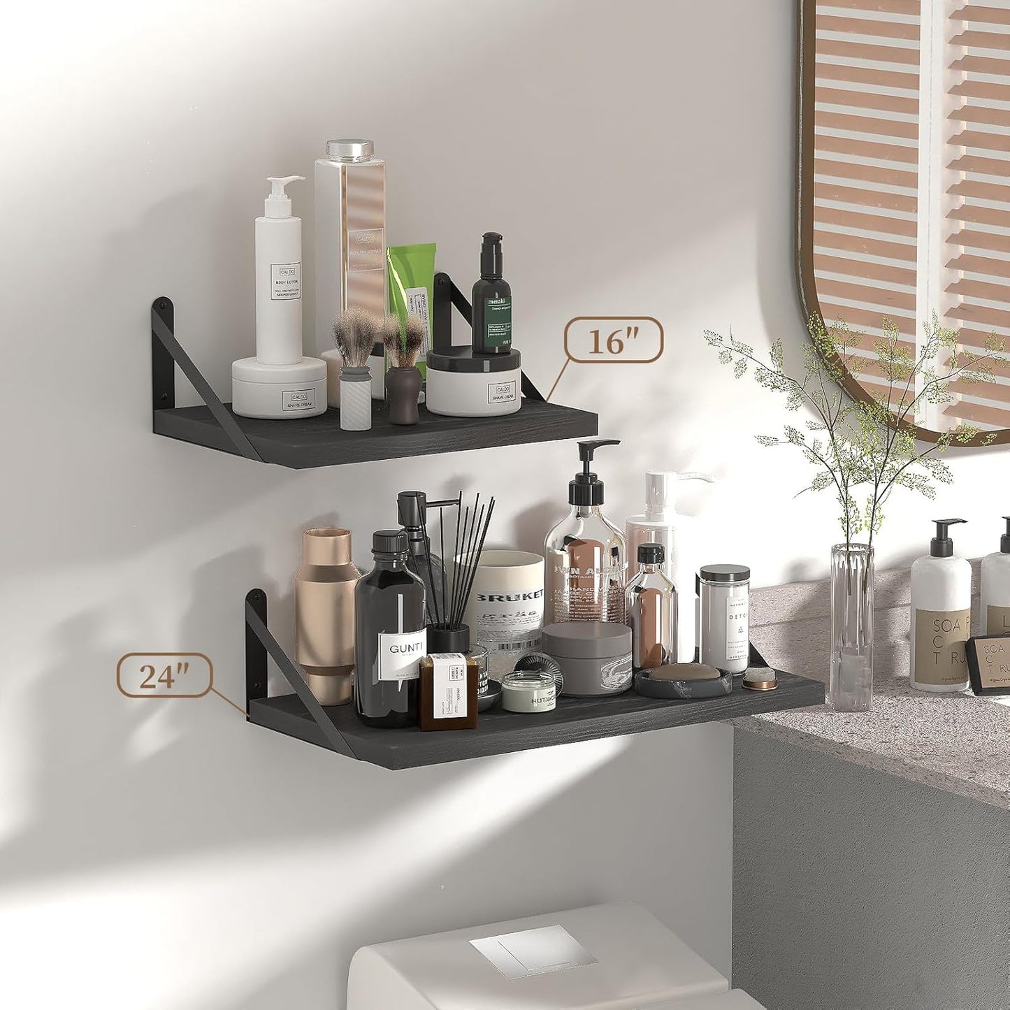 SAUMONIERES Floating Shelves Wall Bookshelf for Bedroom Bathroom Living Room Wood Wall Mounted Wide Deep Storage, Black Painted Wall Shelves Set of 2