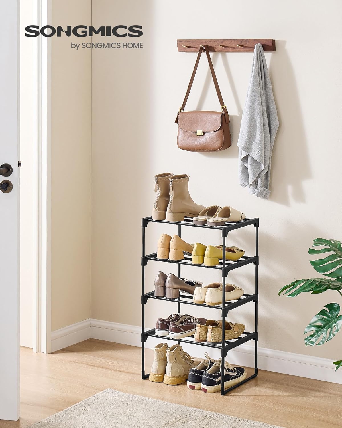 SONGMICS Shoe Rack, 4-Tier Shoe Organizer, Metal Storage Shelf, Upright or Upside Down, for 5-10 Pairs, Stackable, for Entryway, 11.8 x 16.7 x 28.2 Inches, Black ULSA004B01