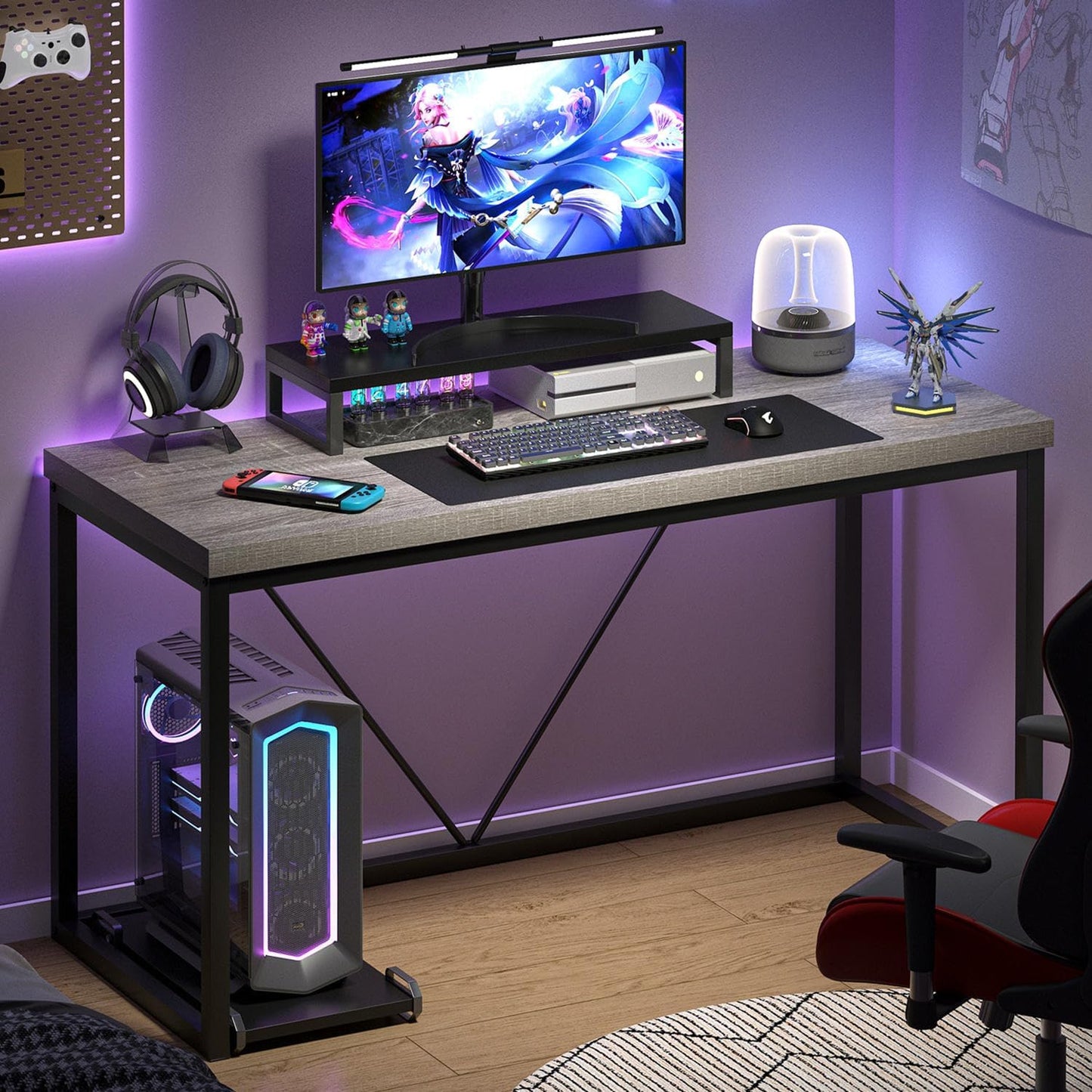 FOLUBAN Modern Home Office Desk, Industrial Vintage Computer Desk, Rustic Wood and Metal Study Writing Table, Simple Work Gaming PC Desks for Bedroom Living Room, Light Grey 53 Inch