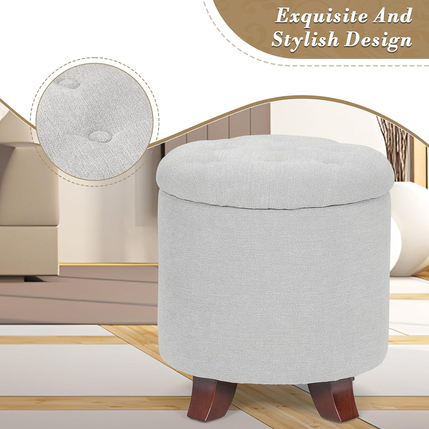 Athena Collection 15 Inch Small Ottoman with Storage, Round Linen Fabric Storage Ottoman Foot Rest with Removable Lid, Multipurpose Footstool Footrest for Living Room, Bedroom, Dorm, Grey