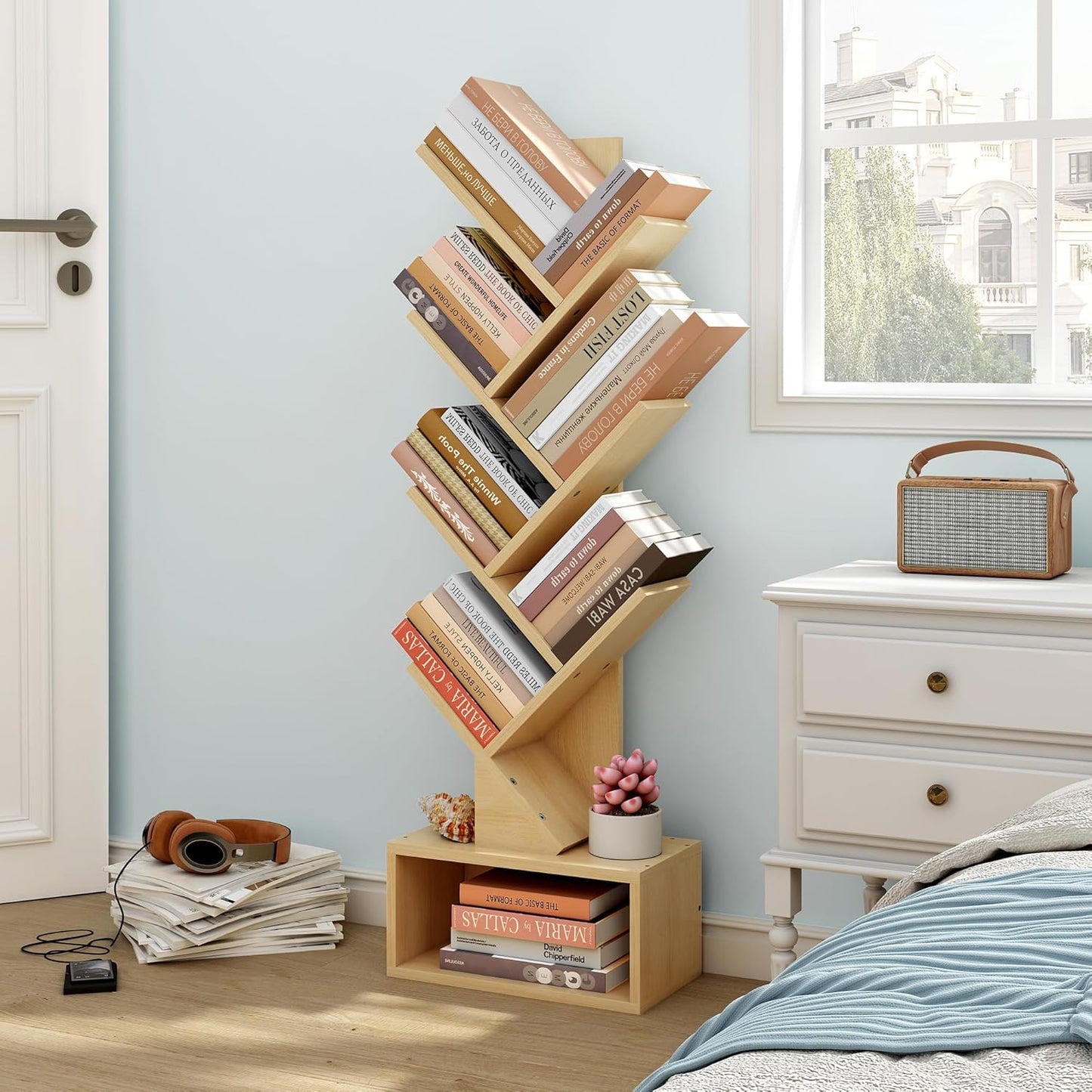 Hoctieon 6 Tier Tree Bookshelf, Tall Bookcase with Drawer, Freestanding Book Shelf, Display Floor Standing Storage Shelf, Book Organizer Shelves for Home Office, Living Room, Bedroom, Yellow