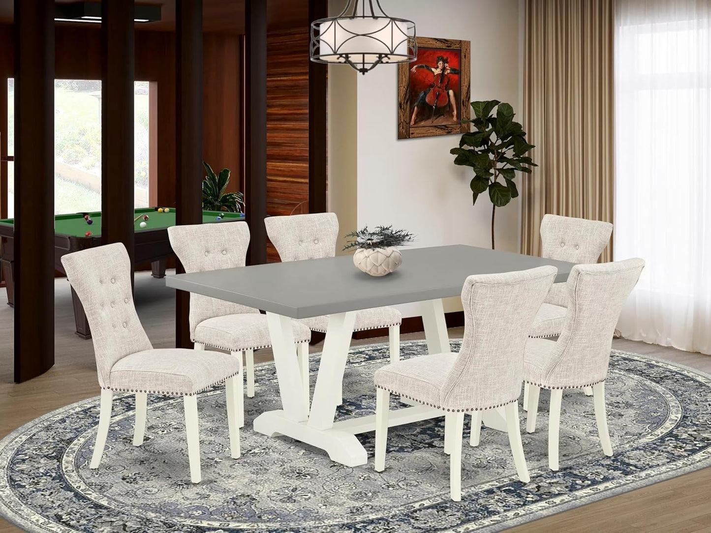East West Furniture V097GA235-7 7 Piece Kitchen Table & Chairs Set Consist of a Rectangle Dining Room Table with V-Legs and 6 Doeskin Linen Fabric Parson Chairs, 40x72 Inch, Multi-Color
