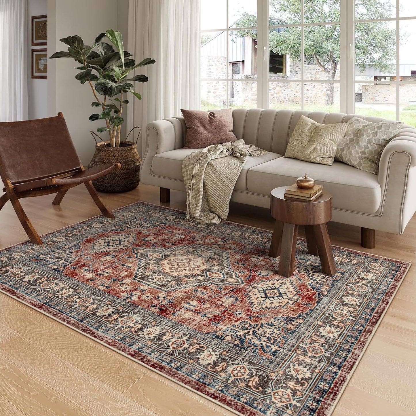 Lahome Oriental Washable Rugs for Living Room, 5x7 Area Rugs for Bedroom Ultra-Thin Non-Slip, Stain Resistant Vintage Low-Pile Throw Carpet for ‎Dining Room Office, Brick Red