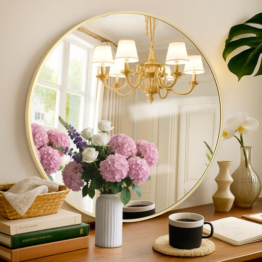 Round Mirror 24 Inch Gold Round Bathroom Mirror Wall Mirror Brushed Metal Frame Anti-Rust Tempered Glass for Bathroom Bedroom Entryway Living Room