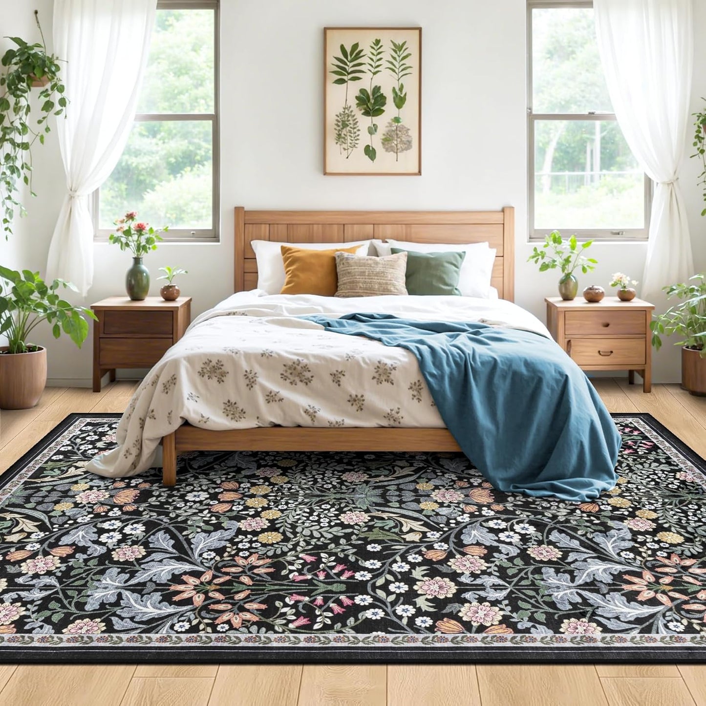 10x12 Area Rugs for Living Room: Floral Washable Rug Vintage Large Soft Boho Non-Slip Carpet Indoor Stain Resistant Low Pile Carpets for Bedroom Dining Room Farmhouse Nursery Home Office Dark Black