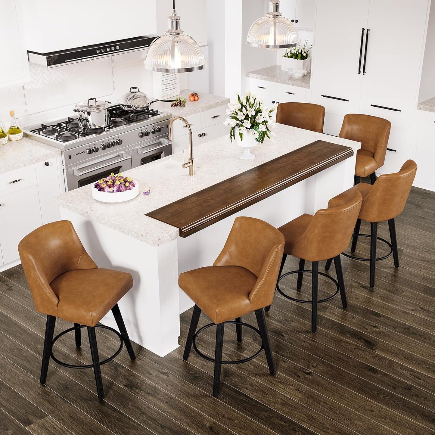 Counter Height Swivel Bar Stools Set of 6, 26 Inch Bar Stools with Footrest, Faux Leather Upholstered Barstools with Back and Solid Wood Legs for Kitchen Island, Dining Room,Pub,Brown