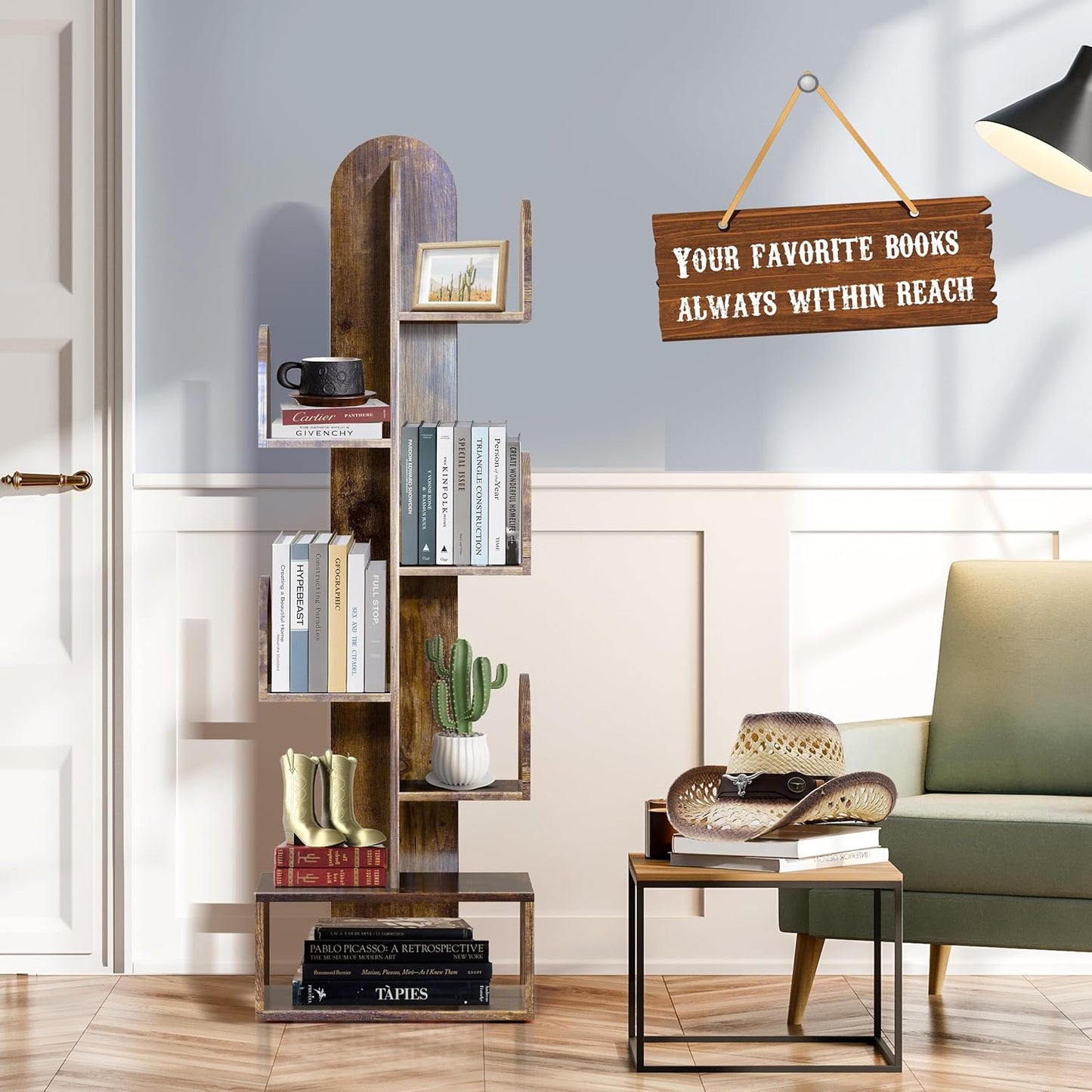 Cactus Tree Bookshelf, 5-Tier Wood 50" Tall Corner Storage Rack for CDs/Movies/Books, Small Space-Saving Organizer Shelves for Living Room, Bedroom, Home Office (Rustic Brown)