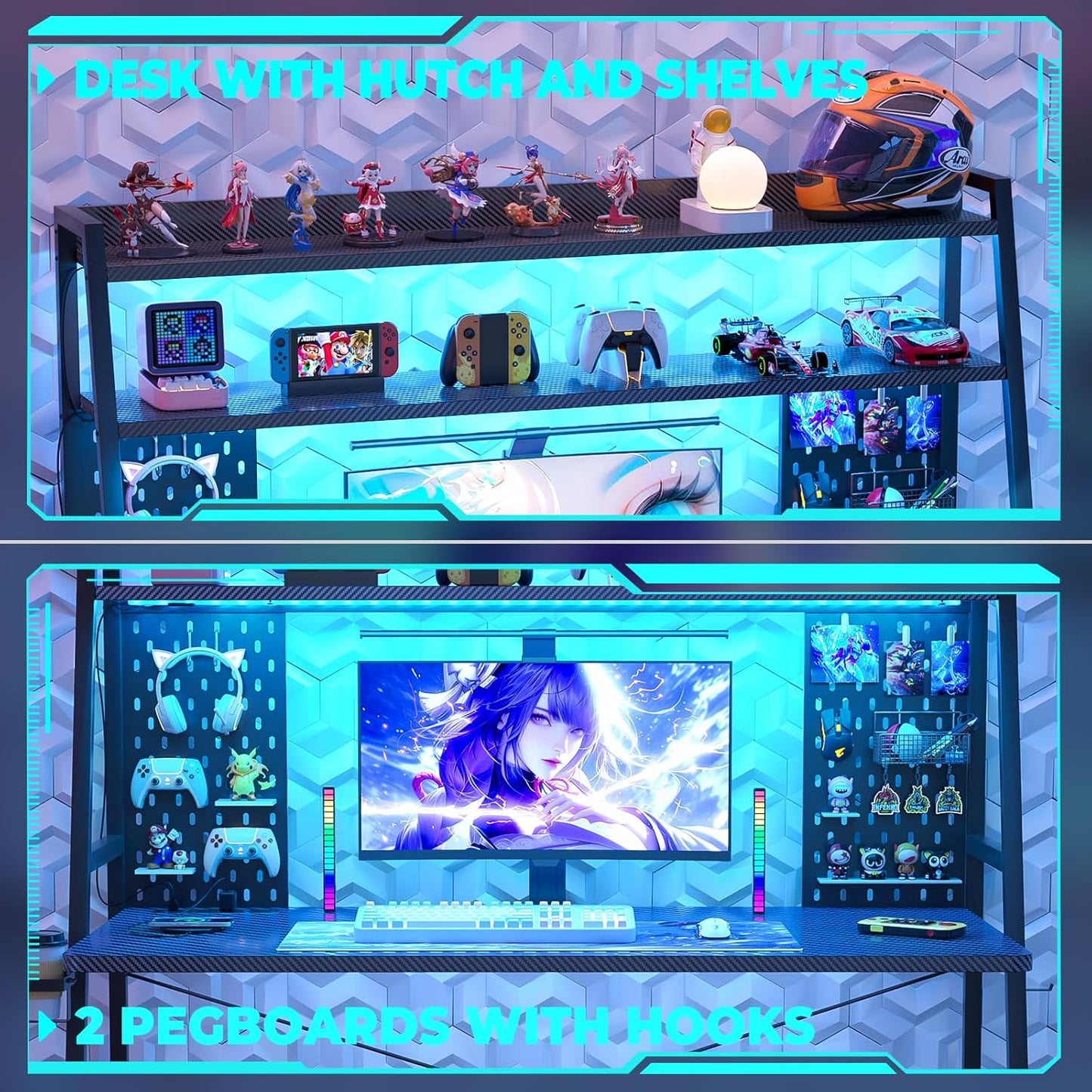Gaming Desk with Hutch and LED Lights, Gaming Computer Desk with Power Outlets, Gamer Desk with Storage Shelves, PC Game Desks with Pegboards, for Bedroom, Carbon Fiber Black, 49"