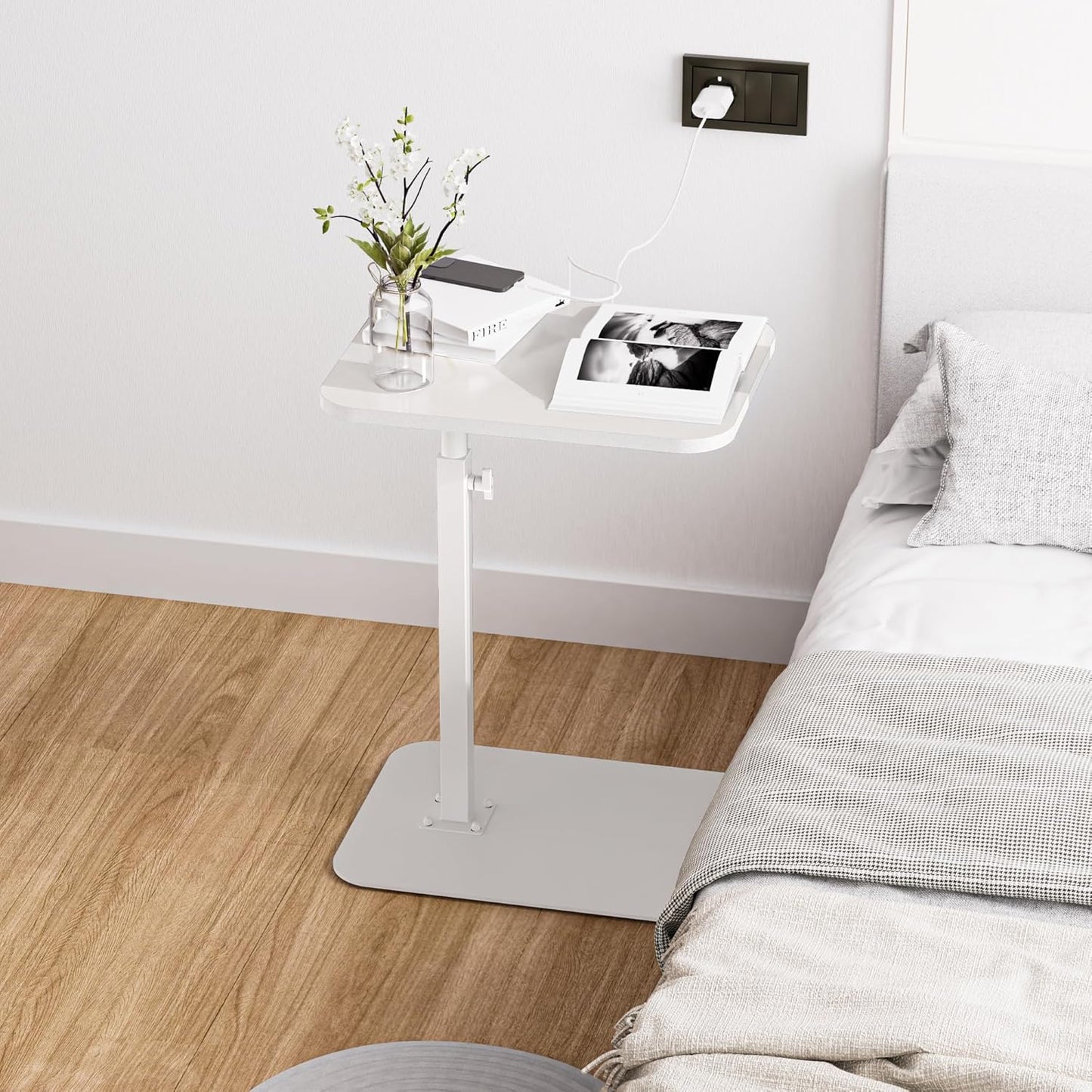 Side Table Sofa Tray for Couch Heavy Metal Base Swivel/Adjustable Height, Sofa Bed Bathroom Study TV Tray C Shaped End Table Food Snack Trays for Eating