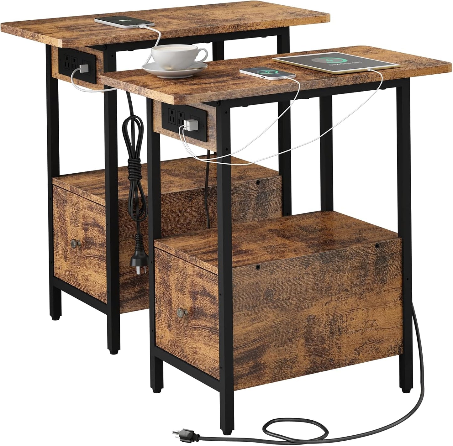 LIDYUK End Table with Charging Station, Narrow Side Table with Drawer and USB Ports & Power Outlets, Nightstand Bedside Tables for Small Spaces, Bedroom, Living Room, Rustic Brown, Set of 2