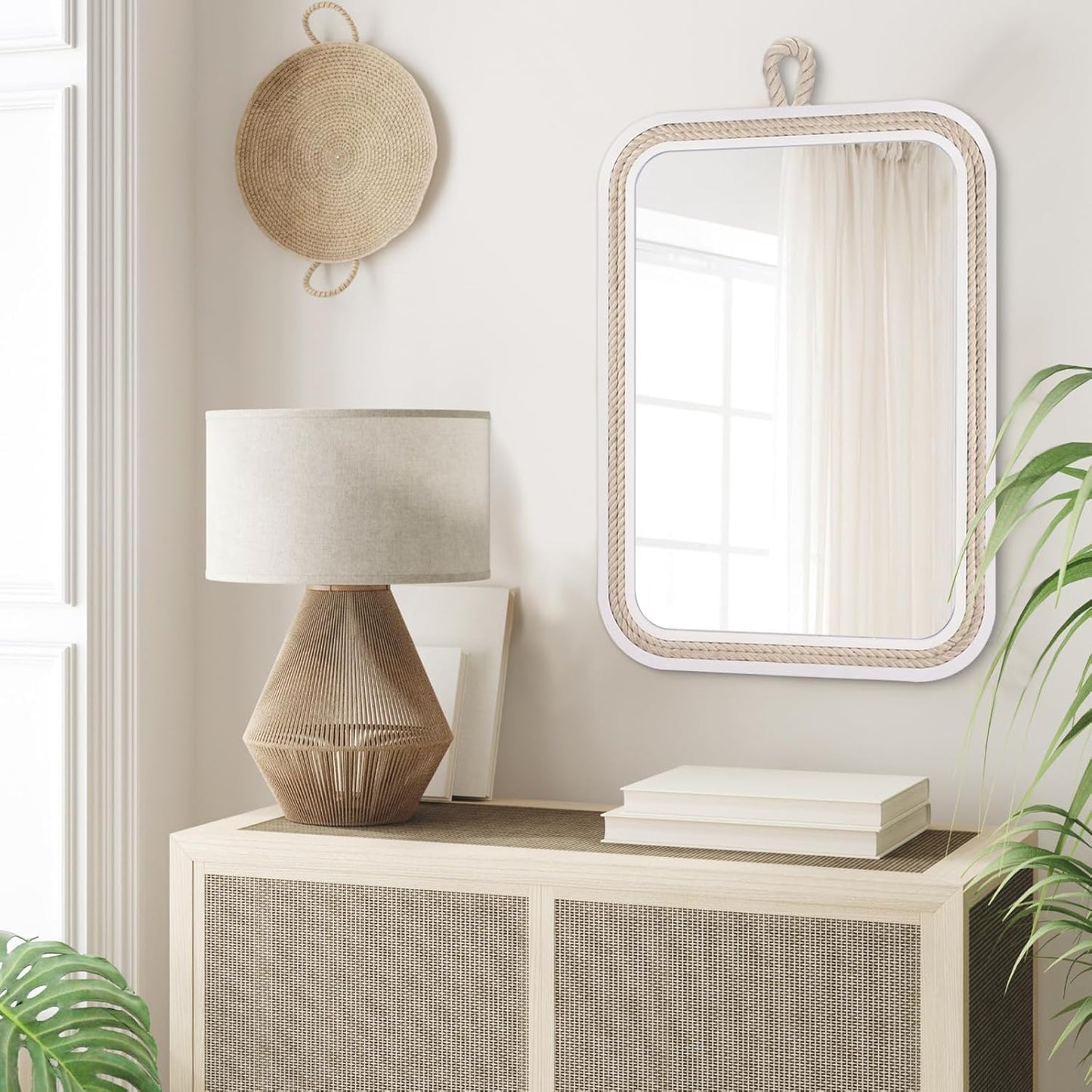 Nautical Rope Mirror Rectangular Hanging Mirrors for Wall 22''Lx16''W White Decorative Mirror Farmhouse Mirror with Rope for Bathroom,Livingroom,Entryway-Beachy Coastal Wall Decor