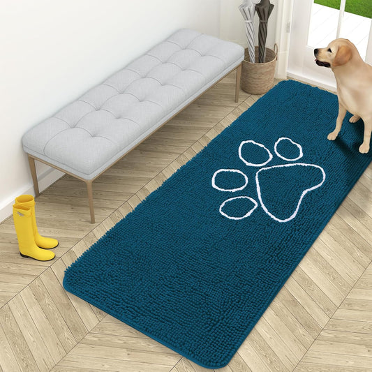 OLANLY Door Mat for Muddy Dog Paws 59x24, Absorbent Chenille Mud Doormat with Paw Print Design, Non-Slip Washable Doormat for Indoor Entryway, Quick-Dry Pet Bed Mats for Dirty Dogs, Atlantic Blue