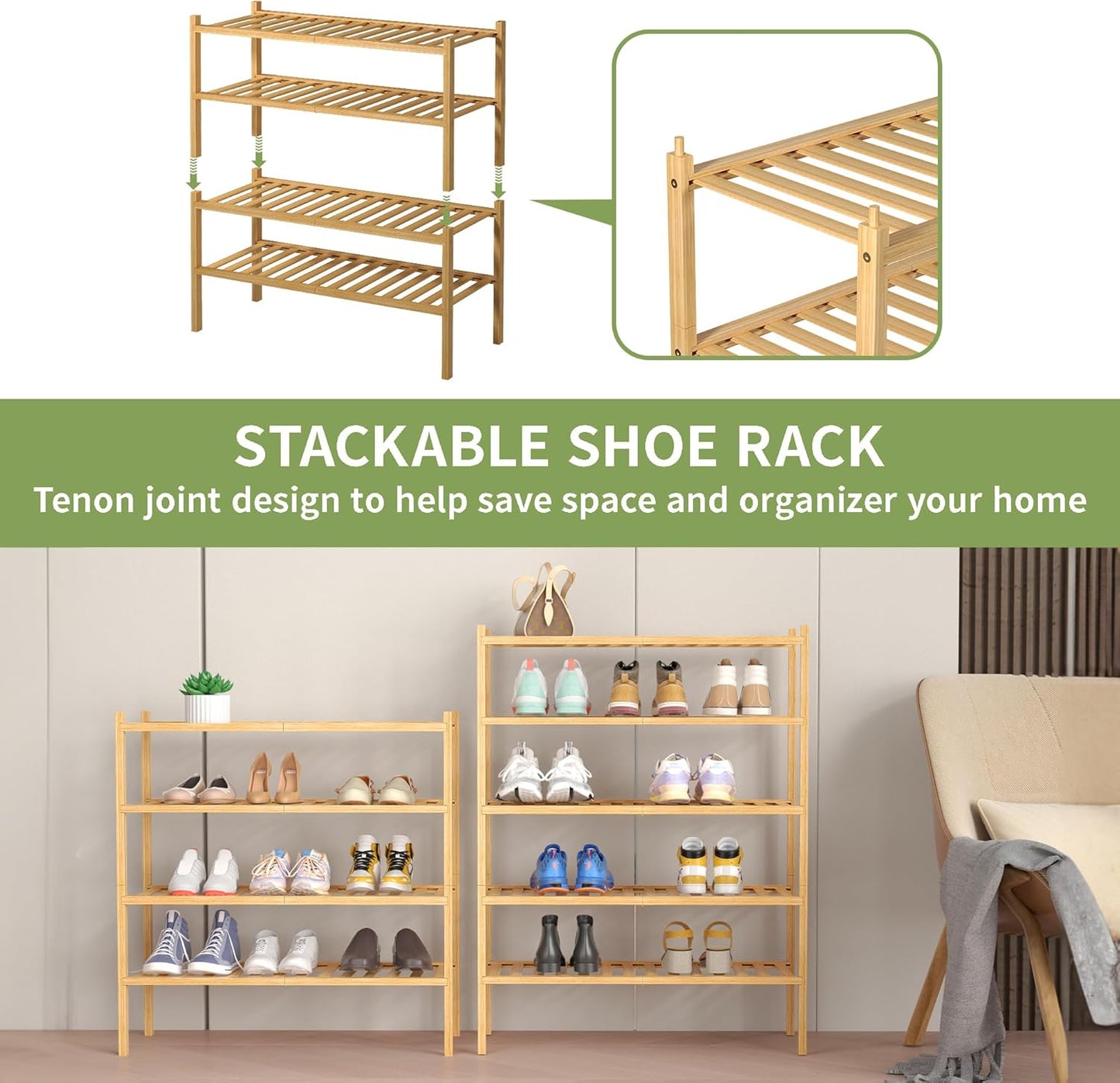 4 Tier Bamboo Shoe Rack for Closet Free Standing Wood Shoe Shelf for Entryway Small Space Stackable 27"x11"x26" (Natural)