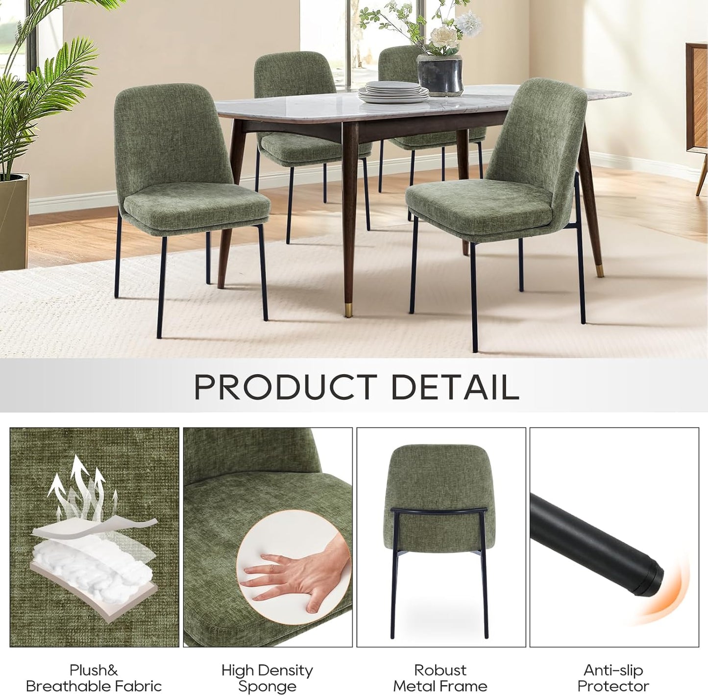 COLAMY Modern Dining Chairs Set of 2, Fabric Upholstered Dining Room Chairs Dinner Chair Stylish Kitchen Chairs with Curved Back and Metal Legs, Green