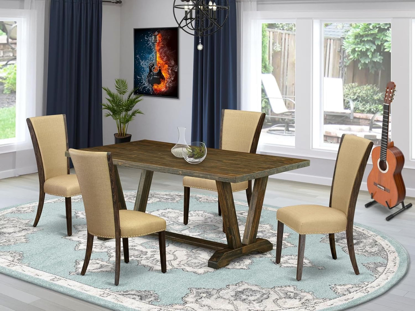East West Furniture V777VE703-5 5 Piece Dinette Set for 4 Includes a Rectangle Dining Room Table with V-Legs and 4 Brown Linen Fabric Upholstered Parson Chairs, 40x72 Inch, Multi-Color