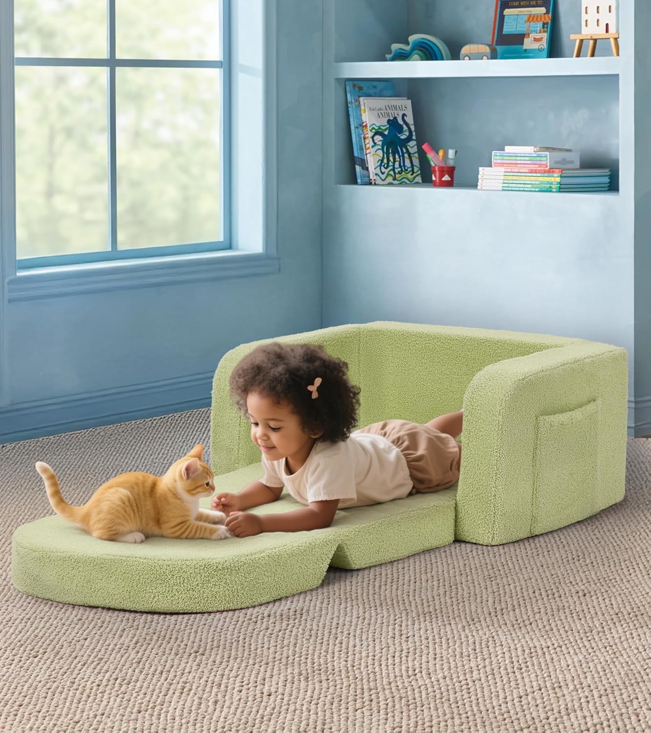 Kids Couch, 2-in-1 Soft Toddler Couch Fold Out with Blanket, Comfy Toddler Chair, Convertible Sofa to Lounger, Convertible Sofa to Lounger, Gifts for Kids Girl Boys, Medium Green Rainbow