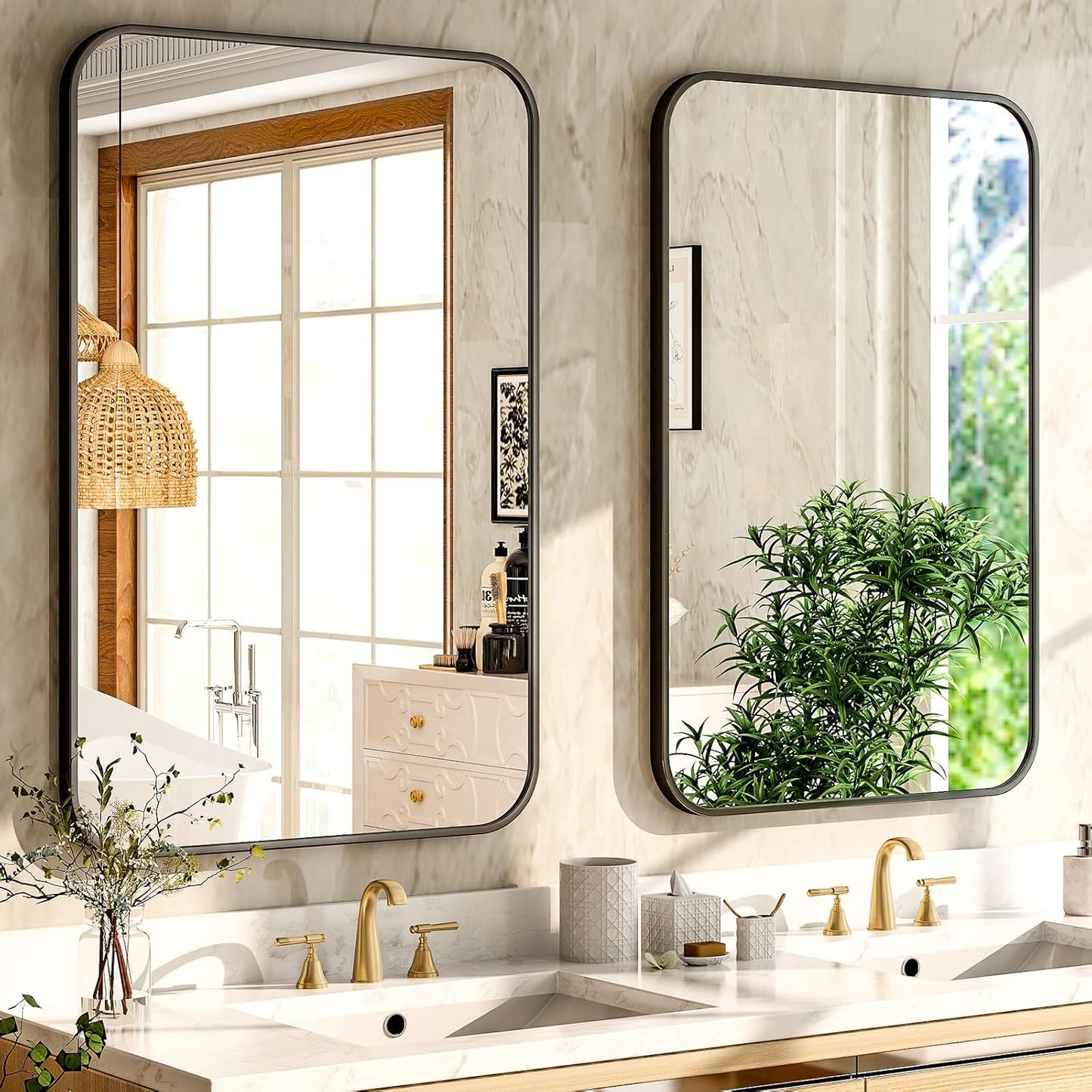 30 x 40 Inch Bathroom Mirror, Rounded Rectangular Vanity Mirror for Wall, Modern Mirror for Room Decor, Black Framed Wall-Mounted Mirrors for Home Decor, Hangs Horizontally or Vertically