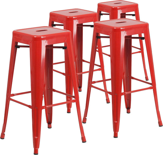 Flash Furniture Lily 4 Pack Commercial Grade 30" High Backless Red Metal Indoor-Outdoor Barstool with Square Seat