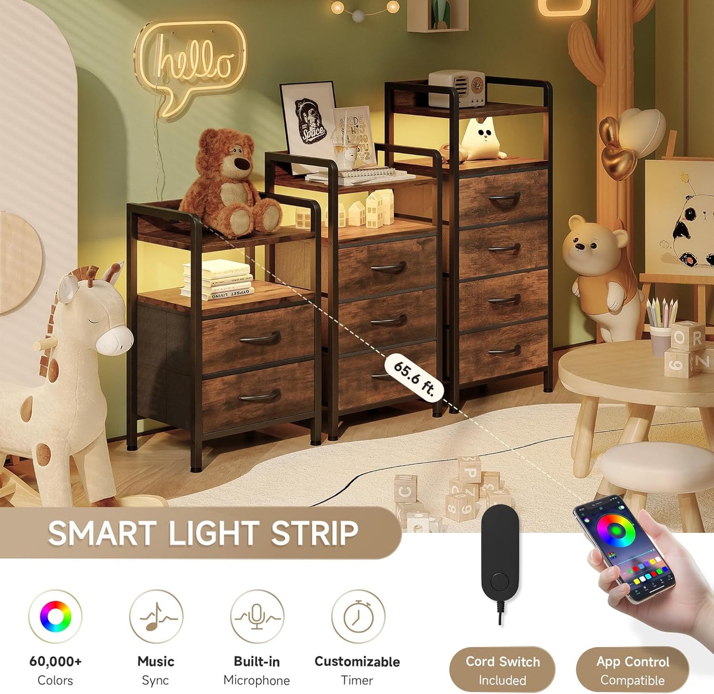 Night Stand Bedside Table Bedroom - Nightstand with Charging Station & LED Light Strip, Bed Side End Table with Storage Shelf & 3 Fabric Drawers, U-S-B Ports & AC Outlets, Rustic Brown