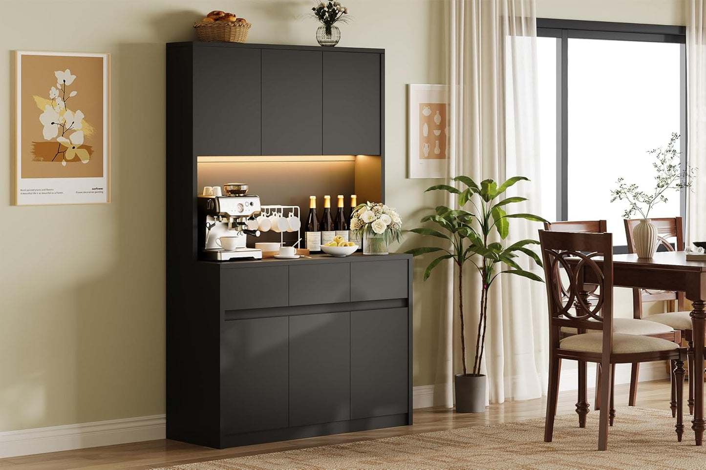 Garvee Kitchen Pantry Storage Cabinet, Tall Storage Cabinet with Doors and Shelves, Kitchen Storage Hutch with Microwave Stand, Led Lights and Charging Station,Corner Pantry Cabinet,Black