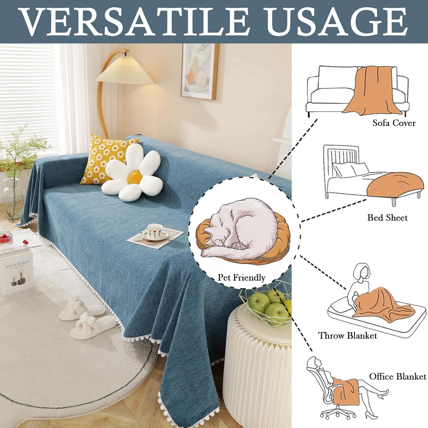 HANDONTIME Loveseat Cover Navy Blue Couch Covers Easy Fitted Sofa Covers for 3 Cushion Couch Universal Sofa Cover Durable Furniture Protector with Lace Sofa Throw Cover for Kids Dogs Pets, 71" X118"