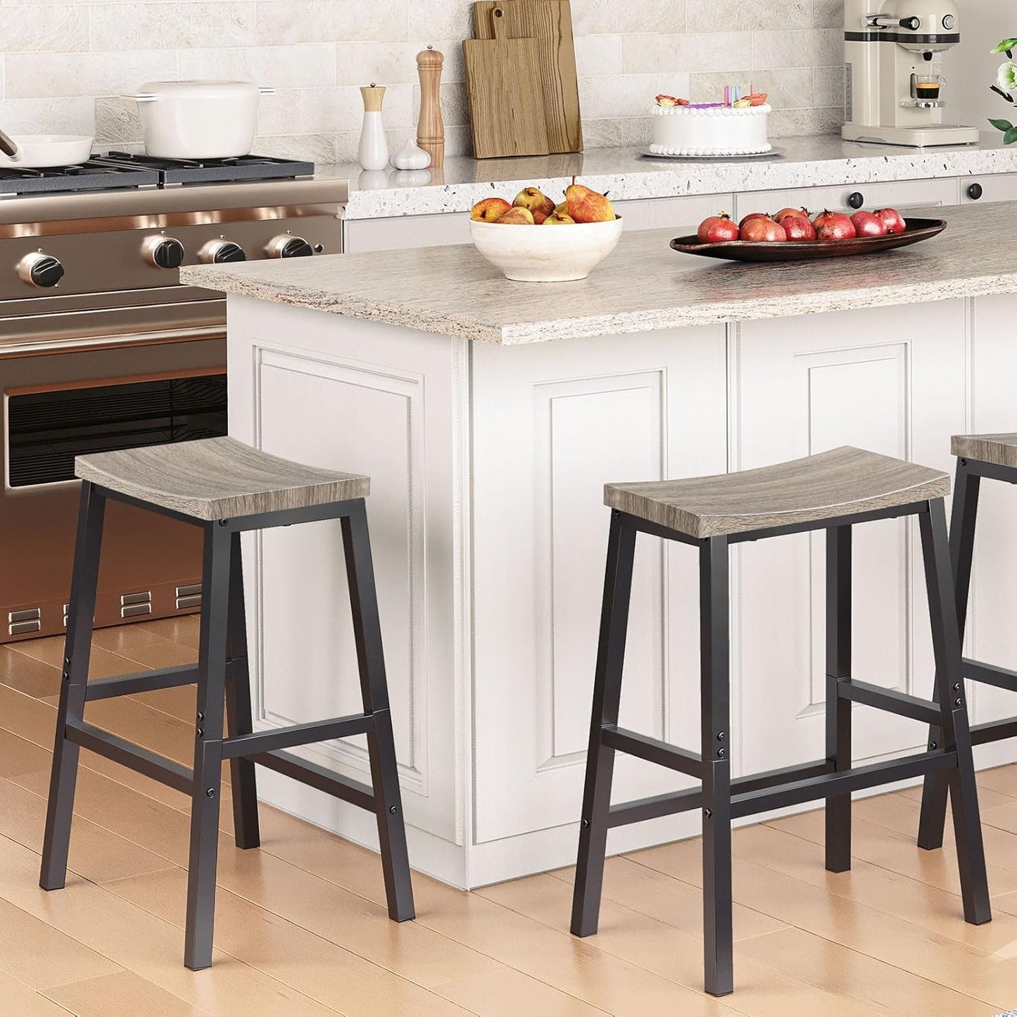 HOOBRO Bar Stools, Set of 2 Chairs, 23.6 Inch Saddle Kitchen Counter Stools With Footrests, Industrial for Dining Room, Kitchen, Counter, Bar, Greige and Black BG02MD01