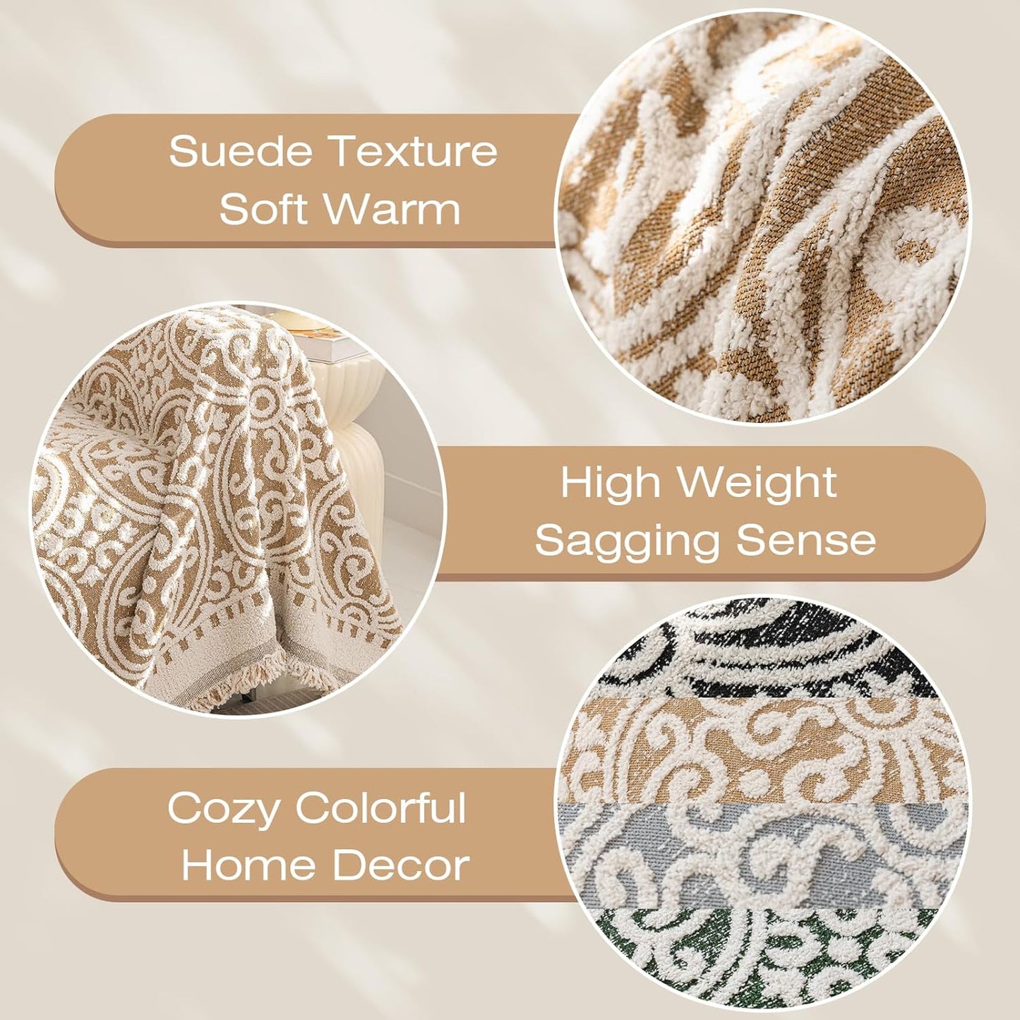 STACYPIK Khaki French Jacquard Couch Covers Thickened Boho L Shape Sofa Covers Soft Pets Protector for 3 Cushion Couch Washable Dogs Cats Couch Protector Cover Non Slip Throw Blanket-71X134IN