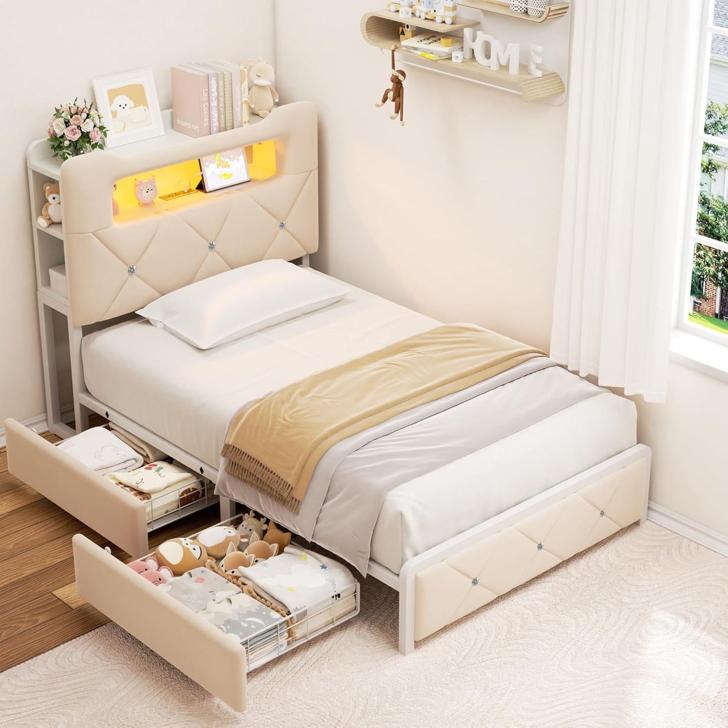 Twin Upholstered LED Bed Frame with 2 Storage Drawers and 2-Tier Storage Bookcase Headboard, Velvet Princess Platform Bed for Kids/Girls/Boys, Corner Bed Frame, Heavy Duty Metal Support, Beige