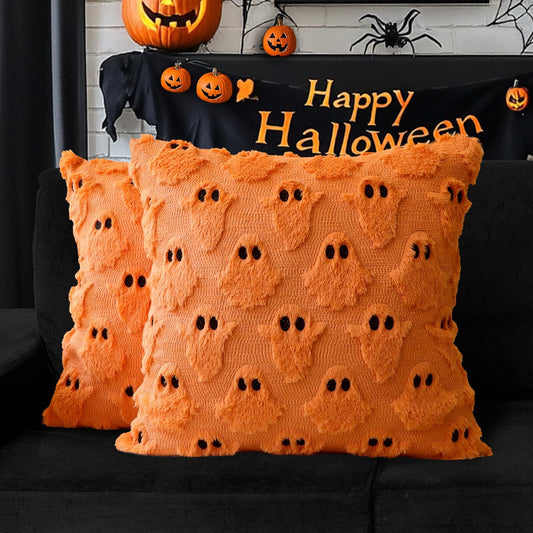 4TH Emotion Halloween Ghost Decorative Pillow Covers 16x16 Set of 2, Orange Soft Plush Faux Fur Farmhouse Throw Cushion Cases for Fall Autumn Holiday Home Decorations
