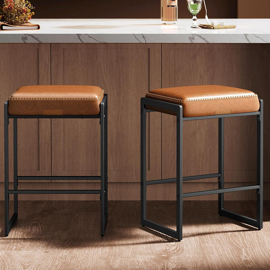 VASAGLE EKHO Collection - Bar Stools Set of 2, Counter Height Bar Stools, Synthetic Leather with Stitching, Mid-Century Modern Counter Stools, 26-Inch Tall, Kichen Home Bar Dining Room, Caramel Brown