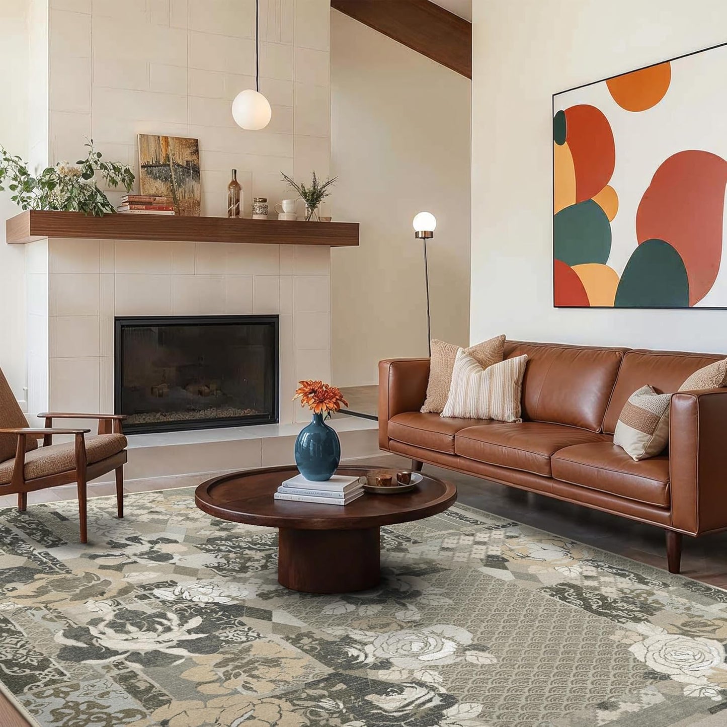 GENIMO 5X7 Floral Area Rugs for Living Room, Machine Washable Non Slip Vintage Patchwork Washable Rug, Ultra-Thin Low Pile Chenille Rugs for Bedroom, Dining Room, Taupe Gray