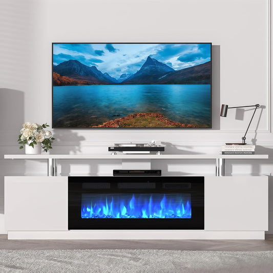 70" Fireplace TV Stand for TVs Up to 80", Entertainment Center with 36inch Fireplace, 12 Flame & LED Colors, 2-Tier TV Console & Storage Cabinet