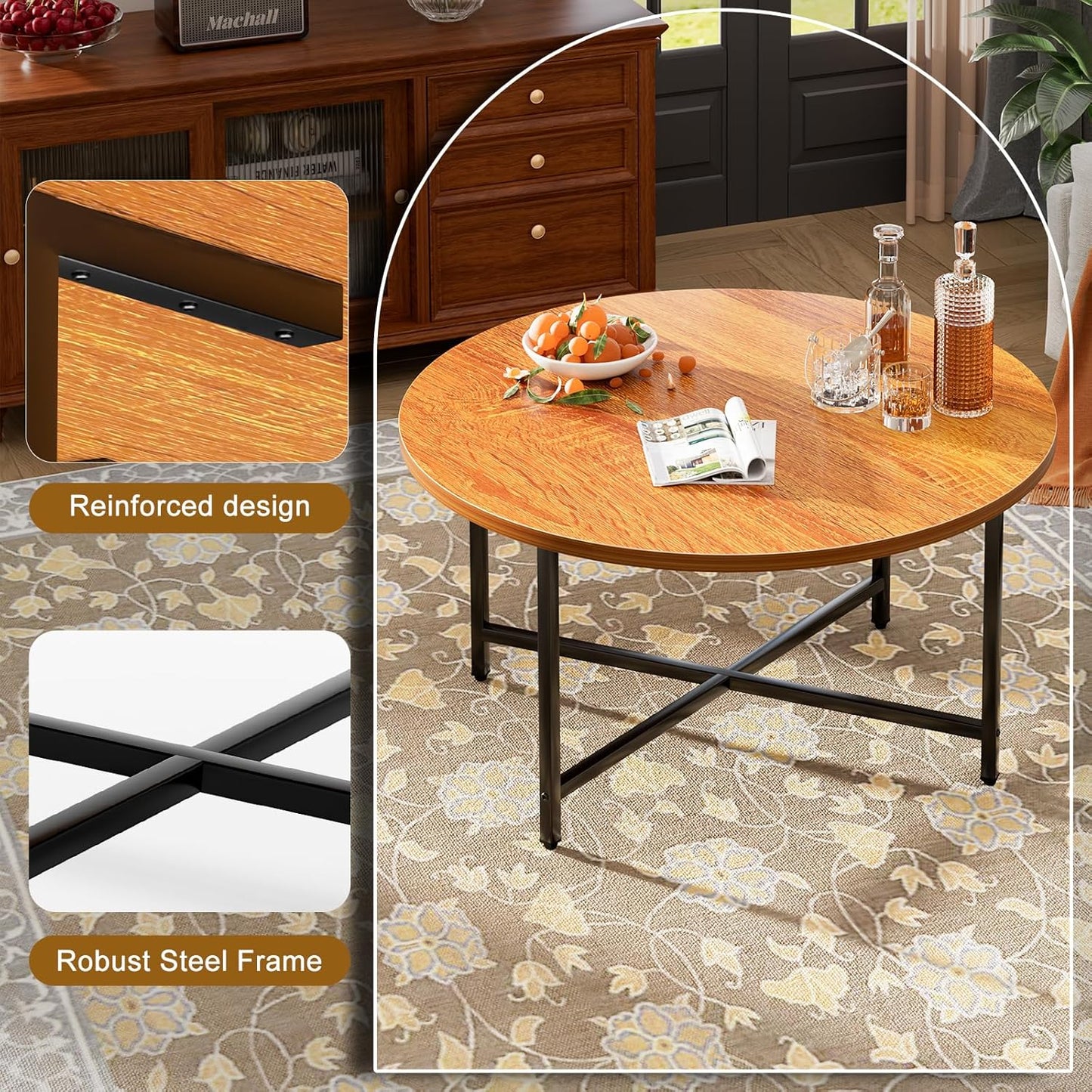 Round Coffee Table, 31.5" Circle Coffee Table，Modern Round Coffee Tables Living Room, Large Coffee Table Round for Indoor & Outdoor Use, Office, Patio or Garden, Warm Brown (31.5" D*17.7" H)