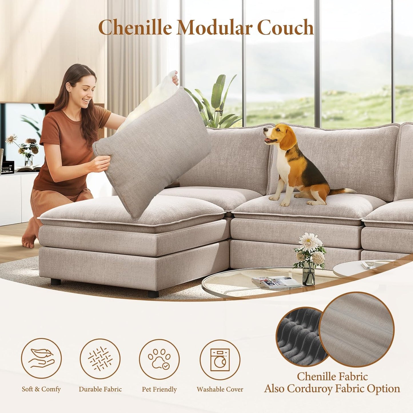 Vesgantti 142" Cloud Couch Sectional Modular Sofa, Comfy Sectional Couch with Ottoman Deep Seat Chenille L Shaped Sofa, Modular Couches for Living Room, Bedroom and Apartment, Light Brown