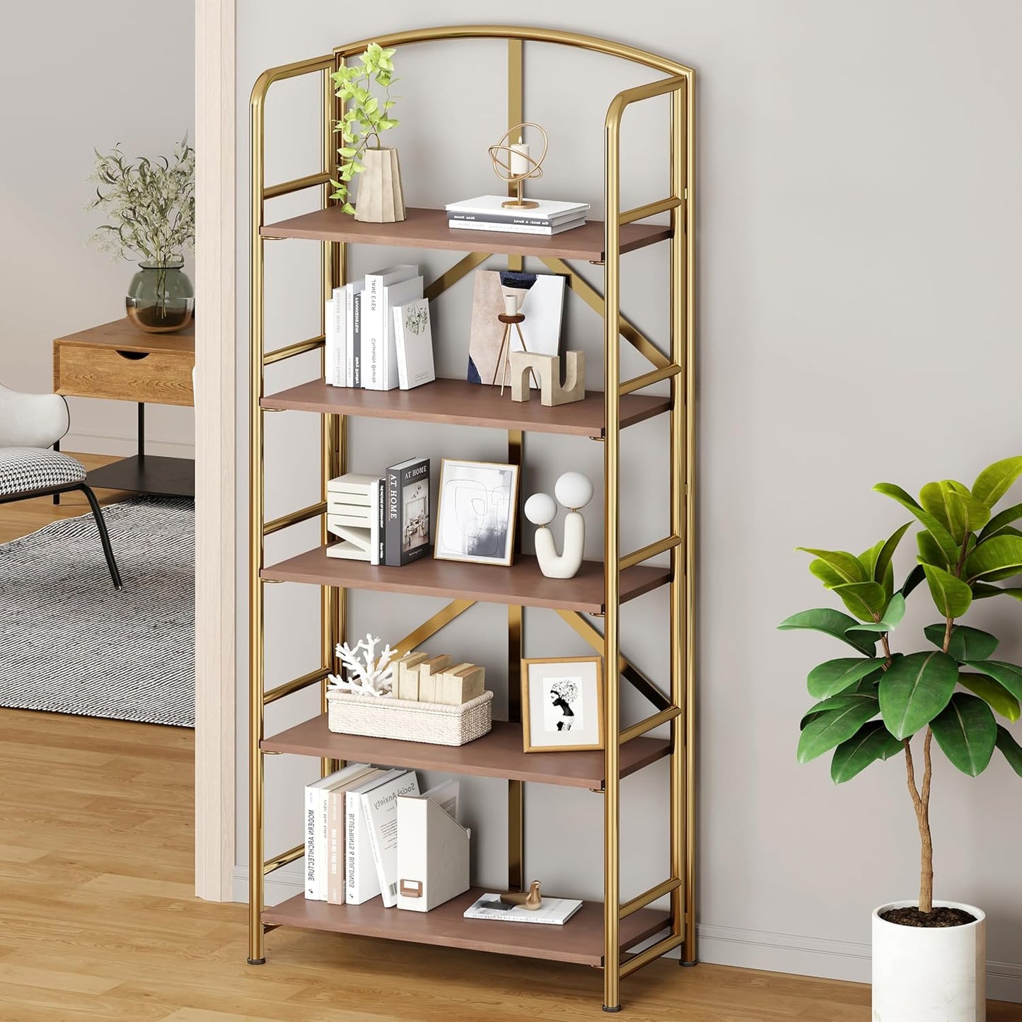 No-Assembly Folding Gold Bookshelf Storage Shelves 5 Tiers Vintage Multifunctional Plant Flower Stand Storage Rack Shelves Bookcase for Home Office