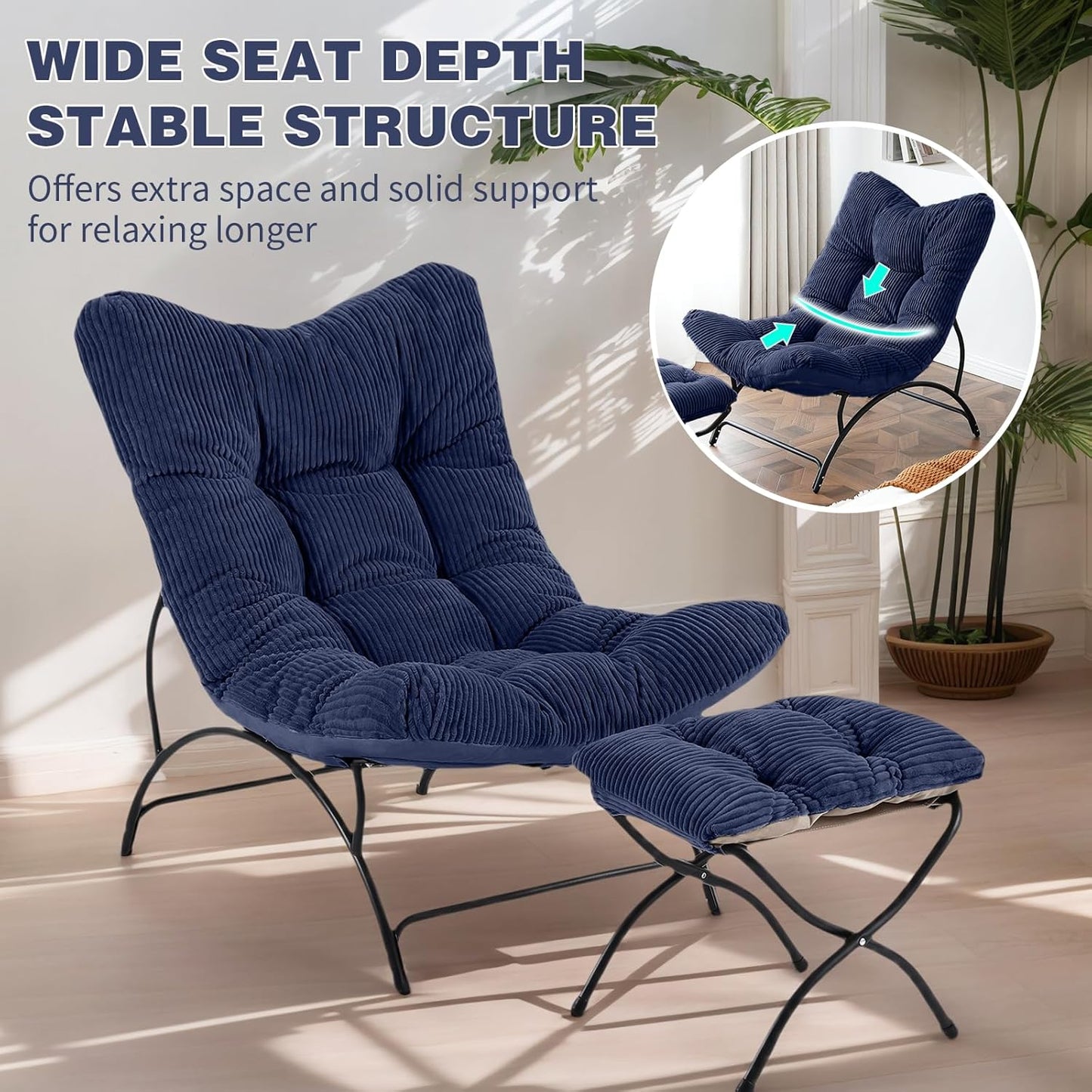 Welnow Accent Chair with Ottoman, Lounge Comfy Soft Leisure Metal Frame Reading Chair with Footrest, Upholstered Thick Cushion Seated Recliner Sofa for Living Room, Bedroom, Dorm, Navy