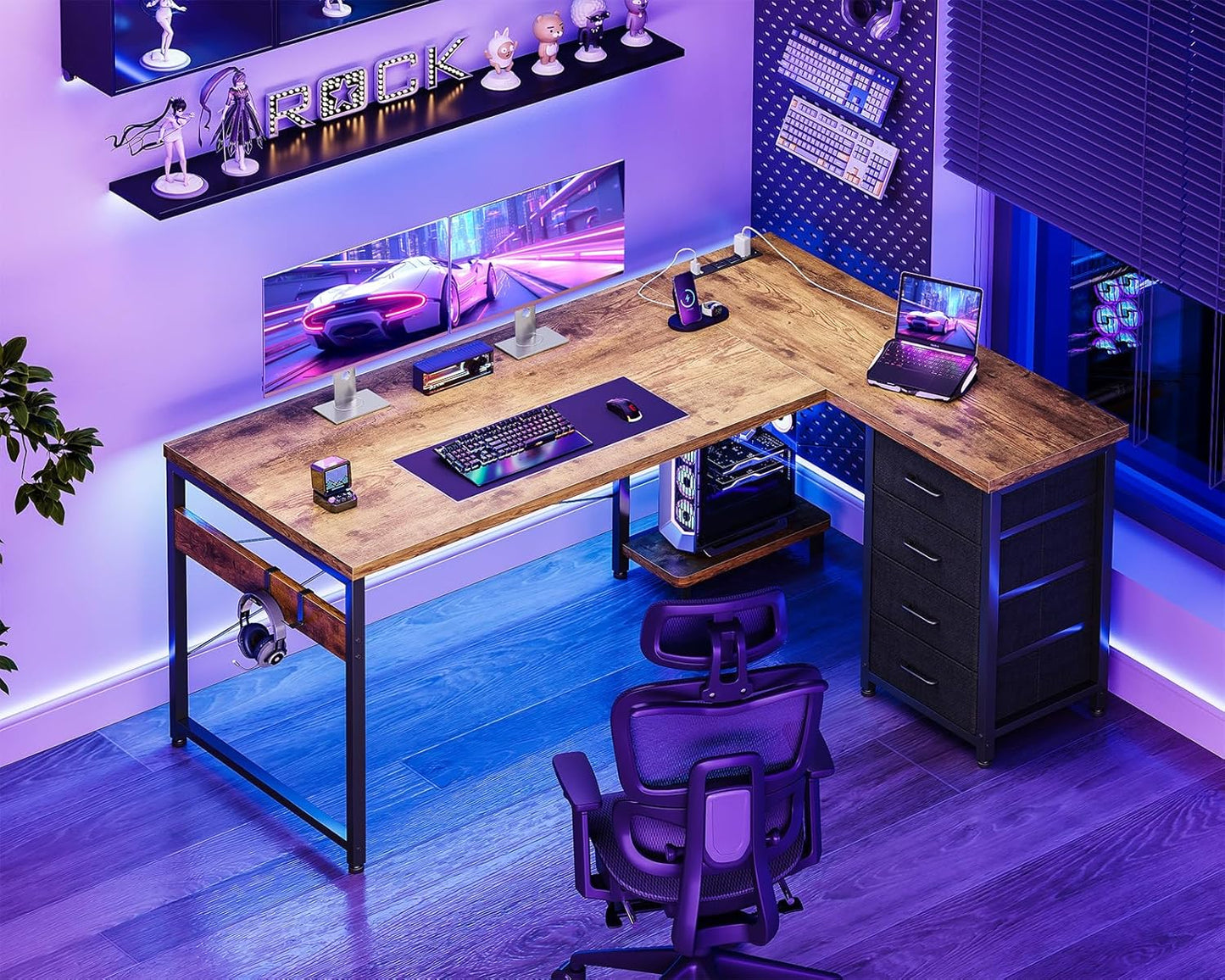 AODK L Shaped Desk with 4 Tier Drawers, 53" Reversible Gaming Desk with Power Outlets, L Shaped Computer Desk with USB Charging Port and Host Stand, Home Office Corner Desk, Easy to Assemble, Vintage