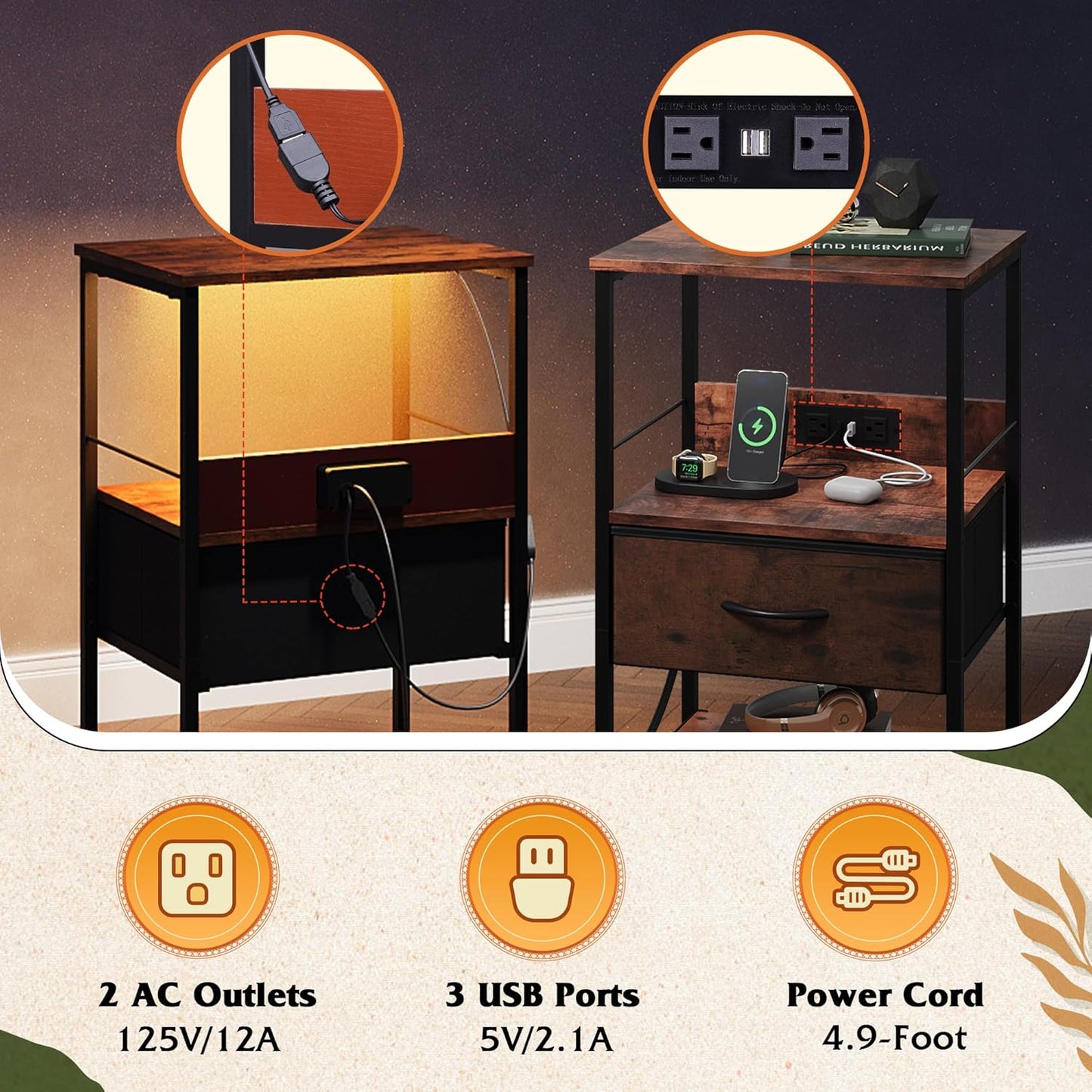 WLIVE Night Stand with Charger Station, LED Nightstand with Adjustable Fabric Drawer, 3-Tier Storage Bedside Table, Small End Side Tables for Bedroom, Rustic Brown