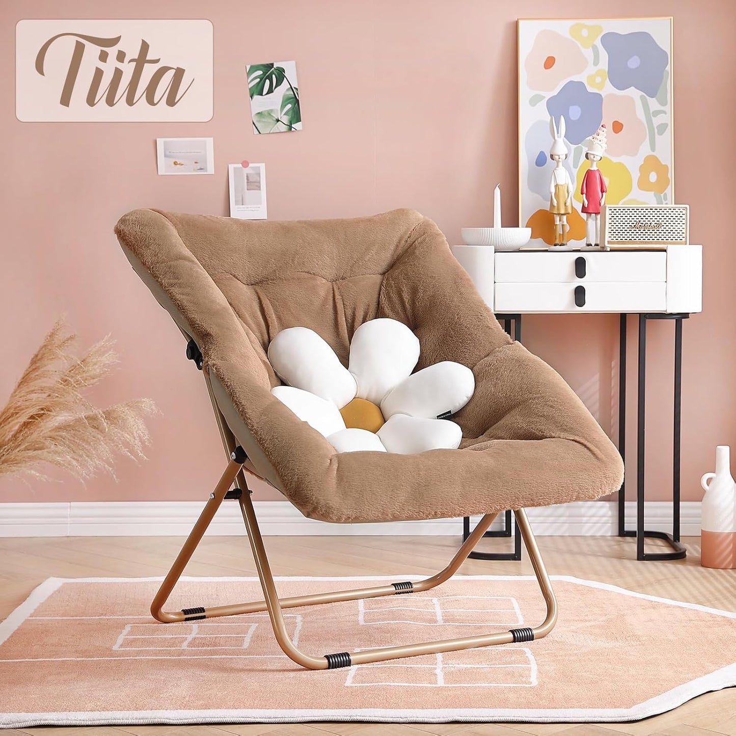 Tiita Comfy Folded Chair, Soft Faux Fur Oversized Folding Accent Chair, Lounge Lazy Chair for Kids Teens Adults, Metal Frame Moon Chair for Bedroom, Living Room, Dorm Rooms