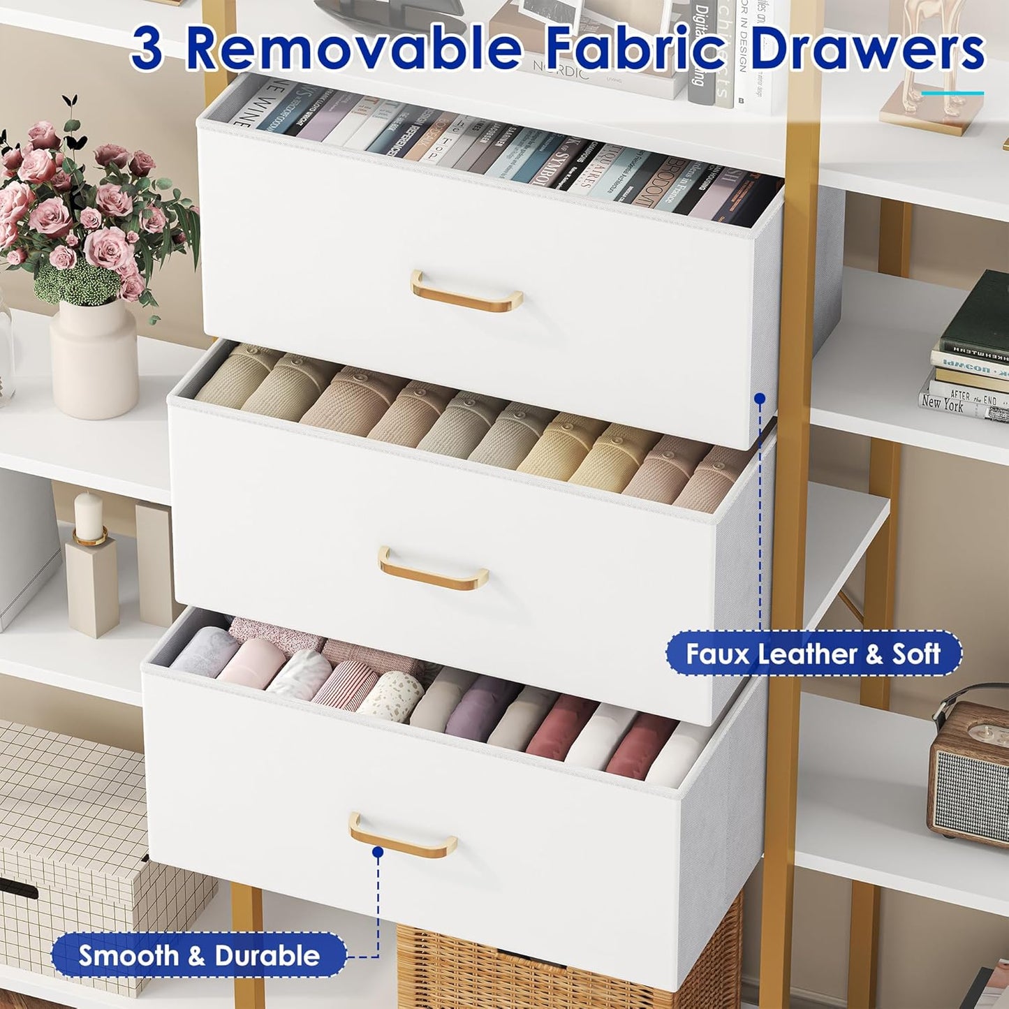 73.6" Tall Bookshelf with 3 Drawers and 16 Storage Shelves, Industrial Bookcase with 16 Open Display Shelves, Large Etagere Bookshelf, Triple Wide Book Shelf Book Case for Home & Office, Gold